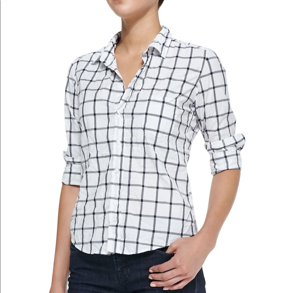Frank & Eileen | Barry Long-Sleeve Windowpane-Print Blouse, White/Black Sz Small